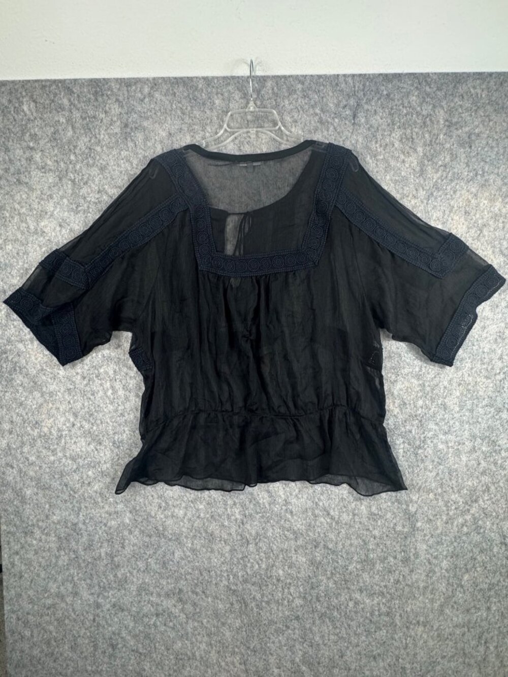 Daniel Rainn Black Boho Blouse Plus Sz 2X Crochet Semi Sheer - Picture 7 of 9